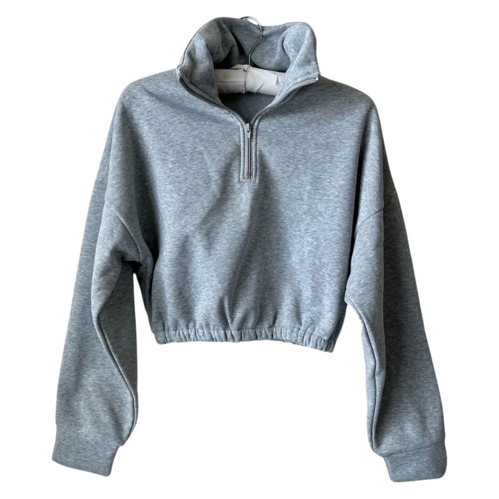 Sweatshirt Half-Zip Crop Long Sleeve Scuba Neck Gray by Shein  Size XS